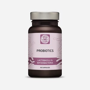 Puede incluir: Una botella marrón de Probióticos Kala Health con tapa plateada. La etiqueta es de color lila claro con las palabras "PROBIOTICS" y "LACTOBACILLI & BIFIDOBACTERIA" en blanco. La botella contiene 60 cápsulas.