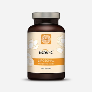 May include: A brown bottle with a silver lid, labeled "Ester-C LIPOSOMAL Dry liposomal powder" with "KALA HEALTH" branding. The label features floral illustrations and the text "180 CAPSULES".