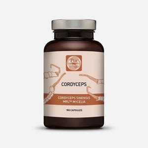 Könnte beinhalten: Eine braune Flasche mit Kala Health Cordyceps Sinensis MRL Mycelia Kapseln. Das Etikett zeigt das Markenlogo, den Produktnamen und Illustrationen des Cordyceps-Pilzes. Die Flasche hat einen silbernen Deckel und enthält 180 Kapseln.