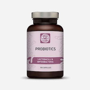 May include: A brown bottle of KALA HEALTH probiotics with a silver cap. The label is light purple with the word "PROBIOTICS" in large white letters. The label also says "Lactobacilli & Bifidobacteria" and "180 CAPSULES".