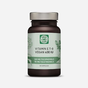 May include: A brown supplement bottle with a silver lid and a white label. The label displays the text "KALA HEALTH" and "VITAMIN E T-8 VEGAN 400 IU". It also lists the amounts of tocopherols and tocotrienols, and the number of capsules.