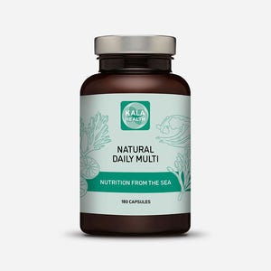 May include: A brown supplement bottle with a silver lid. The label reads "Kala Health Natural Daily Multi Nutrition From The Sea" with illustrations of seaweed and a slice of citrus. Contains 180 capsules.
