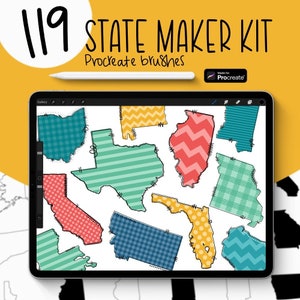 May include: A digital illustration of a tablet screen displaying 119 state maker kit Procreate brushes. The screen shows various US states with different patterned designs, including stripes, polka dots, and checkered patterns. The image includes the text "119 State Maker Kit Procreate Brushes" and "Made for Procreate".