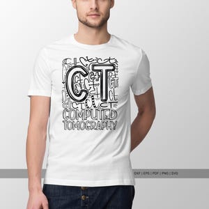 May include: White t-shirt with a black and white graphic design. The design features the letters "CT" in a bold, outlined font, with the words "Computed Tomography" below. The shirt is a crew neck style.