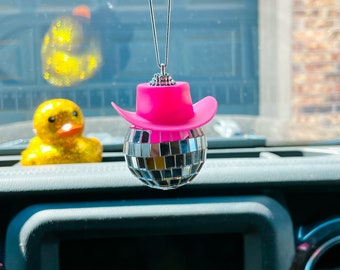 Disco Ball Car Charm With Pink Cowboy Hat Car Accessories for Women Retro Decor Hanging Car Decoration Ornament Car Accessory Aesthetic Jeep