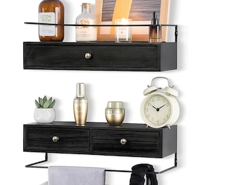 Rustic Wood Bathroom Shelves with Drawers - Set of 2 Floating Shelves