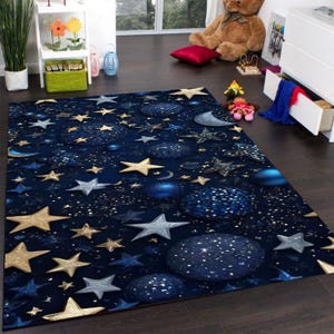Night Sky Kids Rug – Celestial Moon & Star Nursery Carpet – Soft Non Slip Galaxy Theme Rug for Baby - Toddler Room Decor, Kid Rug, Area Rug