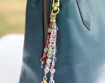 Handmade Pink & Green Beaded Bag Charm, Gold Clasp, Personalized Initial for Purse