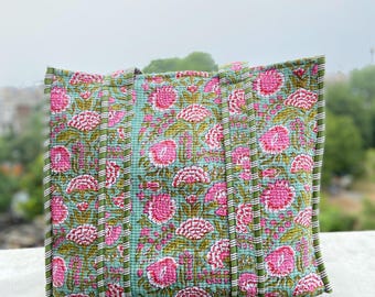 Borsa tote trapuntata in cotone, grande capacità, borsa tote fatta a mano, borsa a tracolla da donna, borsa da mercato, borsa per la spesa, borsa tote con stampa a blocchi, regalo per lei