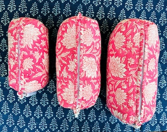 Handmade Quilted Floral Cosmetic Bags, Indian Block Print, 3-Piece Set