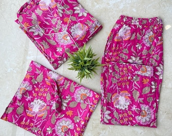 Conjunto de pijama de algodón floral / Ropa de dormir con estampado a mano / Regalo de ropa de dormir ligera / Conjunto de pijama de algodón estilo bohemio
