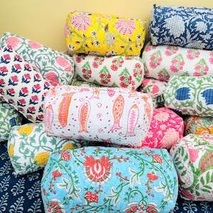 Set of 3 Floral Block Print Quilted Toiletry Bags, Handmade Cotton Travel Pouches