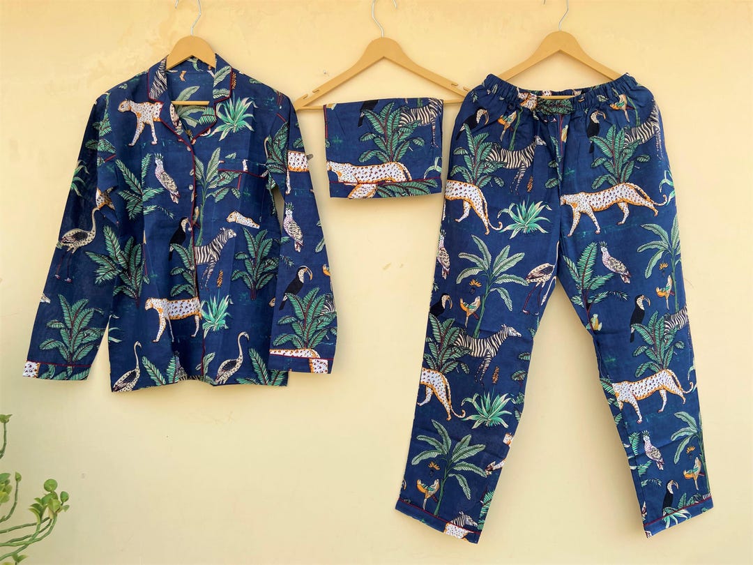 Cotton Pajama Set Women | Safari Animal Print Pajamas | Button Down PJ ...