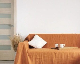 May include: A burnt orange sofa with a white pillow and two white mugs on a wooden tray. The sofa is covered with a matching throw. A vase of dried plants sits near a light-colored door.