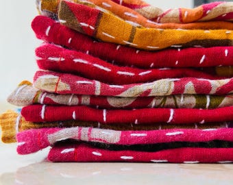 Vintage Kantha Cloth Napkins, Bohemian Reusable Cotton Napkin Set