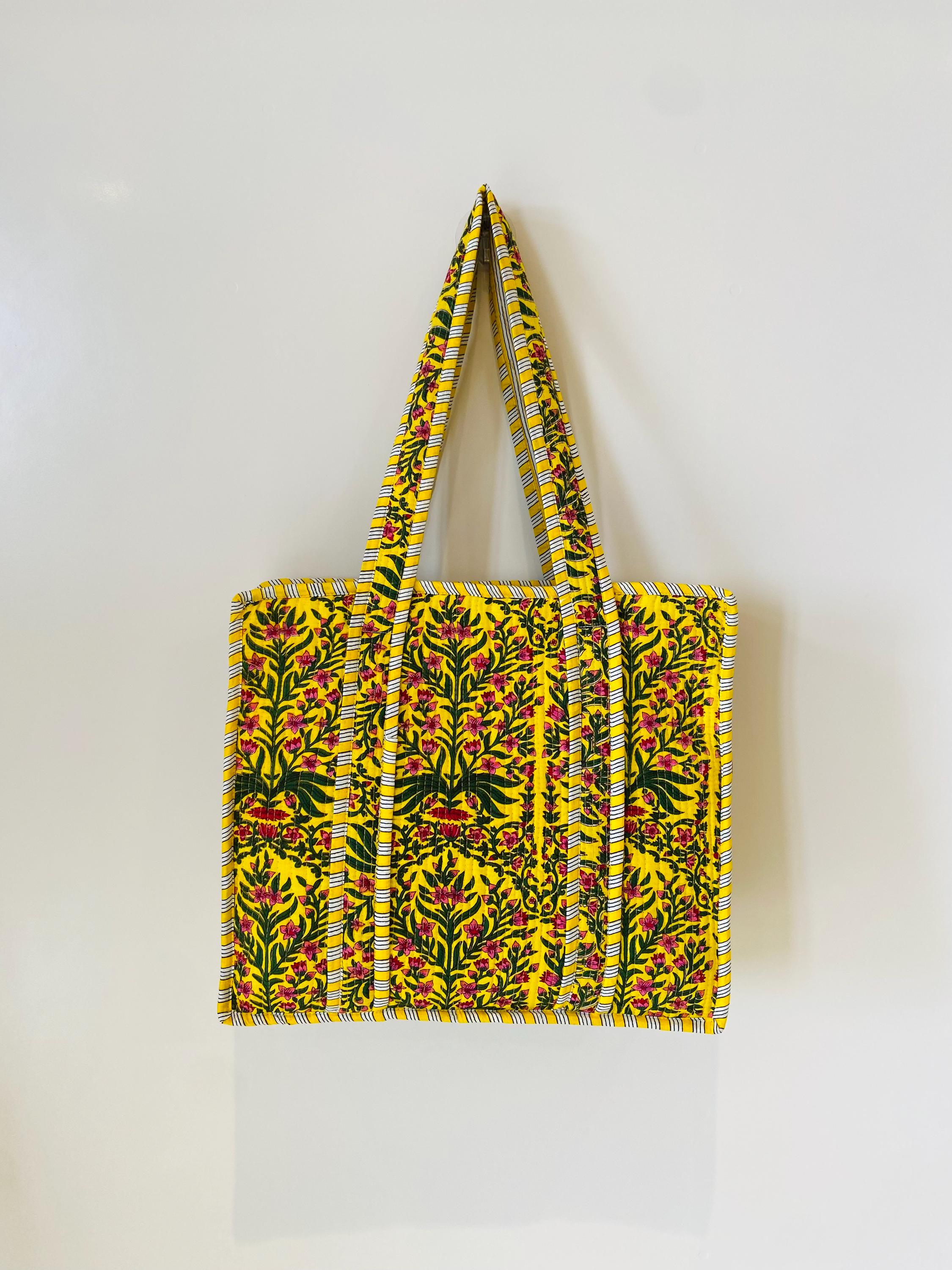 Handmade Quilted Tote Bag – Block Print Floral Bag Large Travel ...