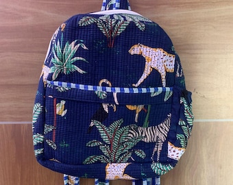 Floral Block Print Quilted Backpack, Handmade Cotton School 