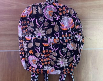 Mochila acolchada con estampado de bloques, bolso escolar de algodón floral
