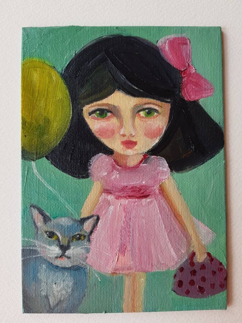Original Oil Painting of Girl and Cat Grey Cat Painting 7 x 5 ins on Canvas Nursery Wall Art