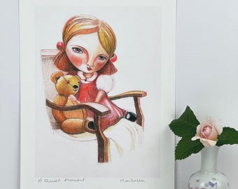 Dziewczynka i miś, wydruk giclee, dekoracja ścienna do pokoju dziecięcego