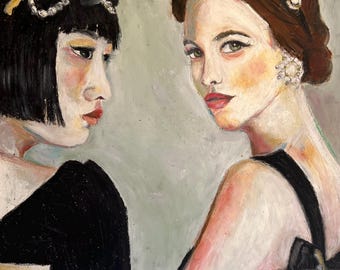 Ritratto originale a pastello ad olio, arte femminile alla moda, 40 x 40 cm