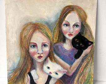 オリジナルオイルパステル画：猫の壁アート（5.5インチ×6.5インチ