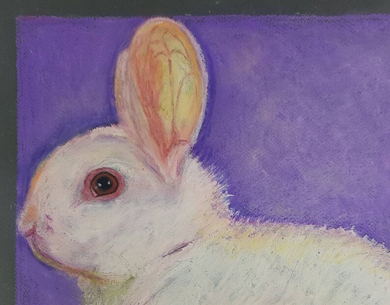 Large Original Pastel Drawing of White Rabbit, Nursery Wall Deco