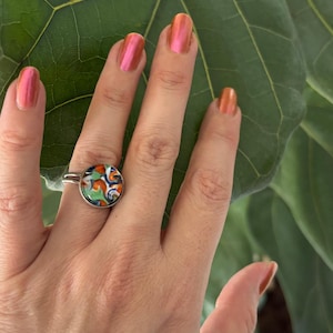 Colorful abstract fused glass ring, adjustable bold handmade statement ring