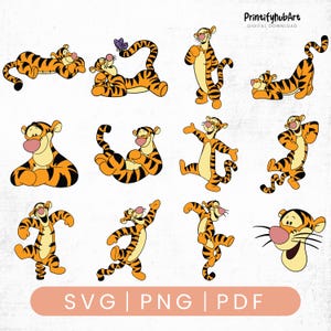 May include: A collection of cartoon tiger illustrations in various poses. The tigers are orange with black stripes and have pink noses. The image includes the text "SVG | PNG | PDF" at the bottom, indicating digital download file formats.