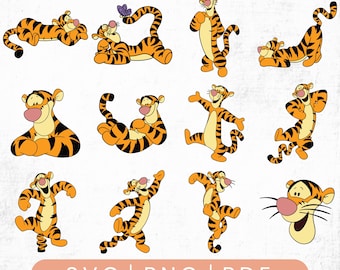 May include: A collection of cartoon tiger illustrations in various poses. The tigers are orange with black stripes and have pink noses. The image includes the text "SVG | PNG | PDF" at the bottom, indicating digital download file formats.