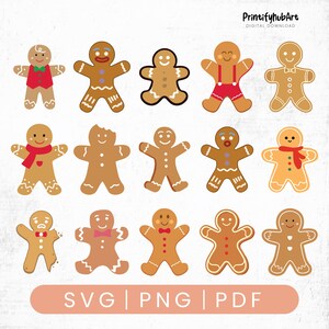 May include: A collection of gingerbread man illustrations in various poses and outfits. The gingerbread men are in shades of brown and tan, with details like bow ties, scarves, and suspenders. The image includes the text "SVG | PNG | PDF".