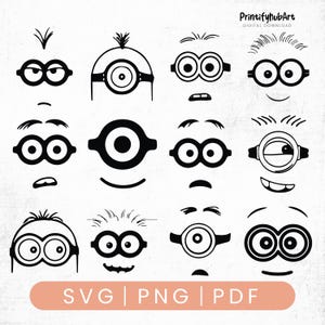 May include: Black and white cartoon face designs with various expressions. The image includes multiple faces with different eye shapes, eyebrows, and mouths. The bottom of the image has the text "SVG | PNG | PDF". The top right corner has the text "PrintifyhubArt DIGITAL DOWNLOAD".