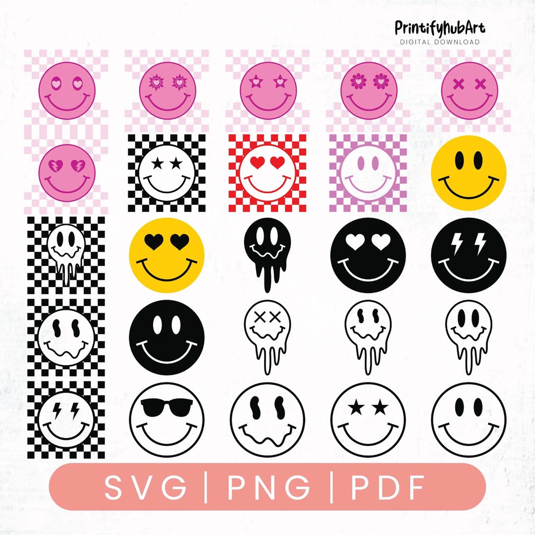 Smiley Face SVG Vintage Smiley Face Emoji Bundle Png Eps Svg Dxf, Retro ...
