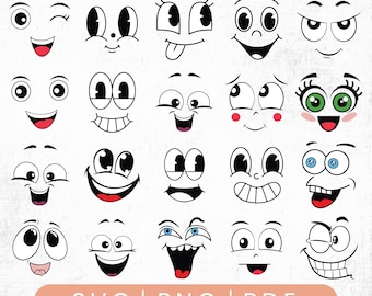 絵文字の顔のSVGバンドル、漫画の感情の顔のSVGバンドル、かわいい顔のSVG、かわいい面白い顔のSVG、漫画の顔のクリップアート、スマイリーの顔のSVGバンドル