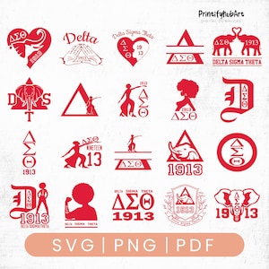 May include: A collection of red Delta Sigma Theta sorority graphics. The designs include hearts, elephants, hands, and stylized figures, with the Greek letters ΔΣΘ and the year 1913. The image also includes the text "SVG | PNG | PDF".