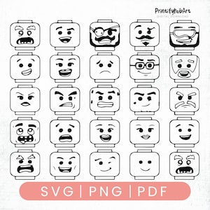 May include: A collection of 25 black and white Lego-style head illustrations, each with a unique facial expression. The expressions range from happy to angry, with some wearing glasses or a mustache. The bottom of the image includes the text "SVG | PNG | PDF".