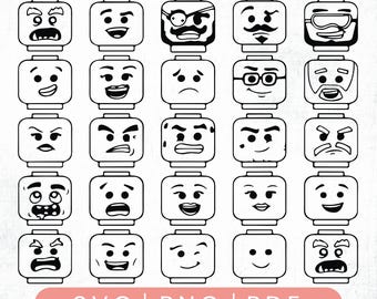 May include: A collection of 25 black and white Lego-style head illustrations, each with a unique facial expression. The expressions range from happy to angry, with some wearing glasses or a mustache. The bottom of the image includes the text "SVG | PNG | PDF".