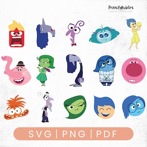 May include: A selection of cartoon character illustrations in various colours. The characters represent different emotions, including joy, sadness, anger, fear, and disgust. The image also includes the text "SVG | PNG | PDF".