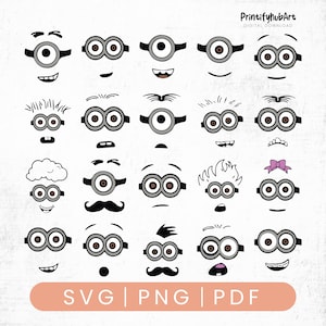 May include: A collection of cartoon face designs featuring the iconic goggle-eyed characters. Each face has a unique expression, with variations in eyebrows, mouths, and accessories. The image includes the text "SVG | PNG | PDF" at the bottom.