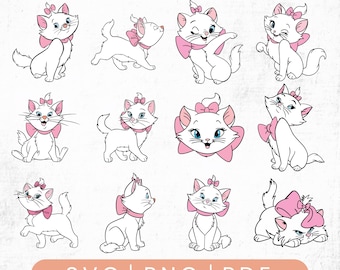 May include: Digital download featuring multiple illustrations of a white cat with a pink bow. The cat is depicted in various poses, with a pink bow on its head and neck. The image includes the text "SVG | PNG | PDF".