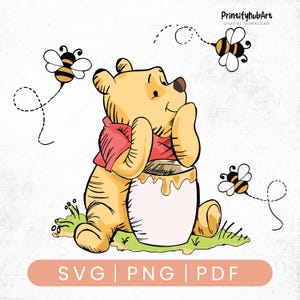May include: A cartoon illustration of a yellow bear wearing a red scarf, sitting next to a honey pot. Bees fly around the bear. The image includes the text "SVG | PNG | PDF" in a peach-colored banner.