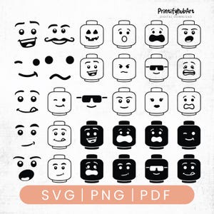 Puede incluir: Una colección de caras estilo Lego con diversas expresiones, incluyendo sonrisas, guiños y gafas de sol. Las caras son en blanco y negro, con un estilo de arte lineal simple. La imagen también incluye el texto "SVG | PNG | PDF".