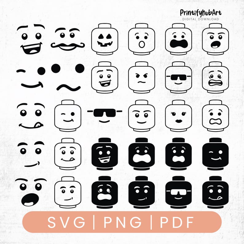 May include: A collection of Lego-style faces with various expressions, including smiles, winks, and sunglasses. The faces are in black and white, with a simple line art style. The image also includes the text "SVG | PNG | PDF" in a peach-colored rectangle.
