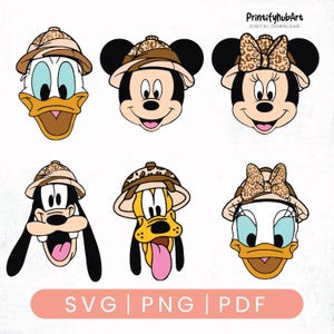 May include: Six cartoon character faces: Donald Duck, Mickey Mouse, Minnie Mouse, Goofy, Pluto, and Daisy Duck. Each character wears a safari hat or bow with a leopard print design. The image includes the text "SVG | PNG | PDF".