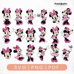 Könnte beinhalten: Eine Sammlung von Minnie Mouse-Illustrationen in verschiedenen Posen. Minnie ist in einem rosa Kleid, mit Schleife und Schuhen dargestellt. Das Bild enthält den Text "SVG | PNG | PDF" unten und "PrintifyhubArt DIGITAL DOWNLOAD" oben.