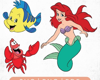 May include: A digital illustration featuring characters from a popular animated film. The image includes a yellow fish with blue accents, a red crab, and a mermaid with red hair, a purple top, and a green tail. The bottom of the image has the text "SVG | PNG | PDF".