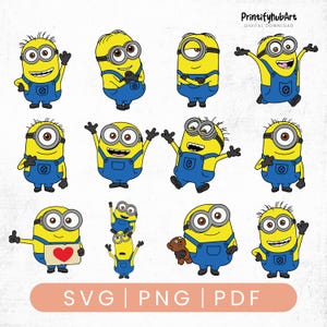 May include: A collection of twelve cartoon Minions in various poses. The Minions are yellow with blue overalls, wearing goggles, and have different facial expressions. The image includes the text "SVG | PNG | PDF" in a horizontal bar.