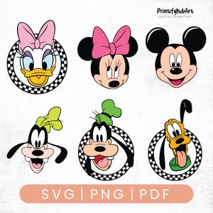 Puede incluir: Descarga digital con seis caras de personajes de dibujos animados: Daisy Duck, Minnie Mouse, Mickey Mouse, Goofy, Goofy y Pluto. Cada personaje está dentro de un círculo a cuadros en blanco y negro. La parte inferior de la imagen muestra el texto "SVG | PNG | PDF".