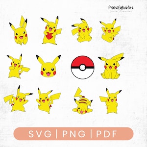 May include: A collection of yellow Pikachu illustrations in various poses, along with a red and white Poké Ball. The image includes the text "SVG | PNG | PDF" in a pink rectangular banner, indicating digital download formats.