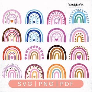 Könnte beinhalten: Eine Sammlung farbenfroher Regenbogen-Designs in verschiedenen Stilen. Jeder Regenbogen zeigt verschiedene Muster, darunter Herzen, Punkte und Sterne, in Rosa-, Blau-, Braun- und Orangetönen. Das Bild enthält den Text "SVG | PNG | PDF".